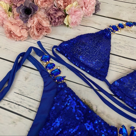 Blue Diamond Sequin Crystal Rhinestone Bikini - Picture 8 of 13